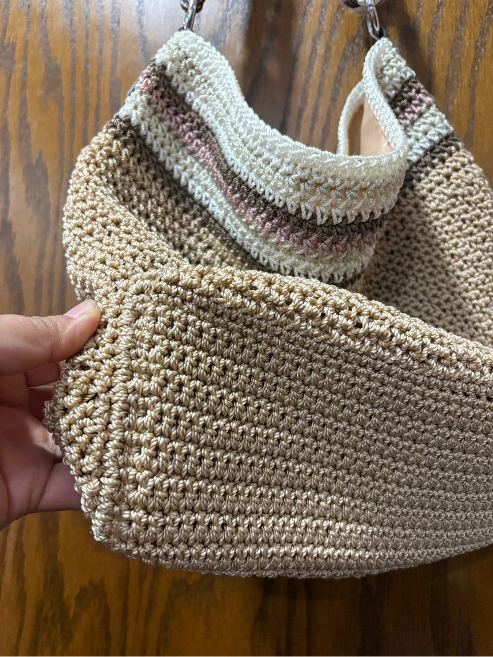 The Sak Cream Tan Pink Crochet Shoulder Bag Hobo Braided Crossbody Adjustable